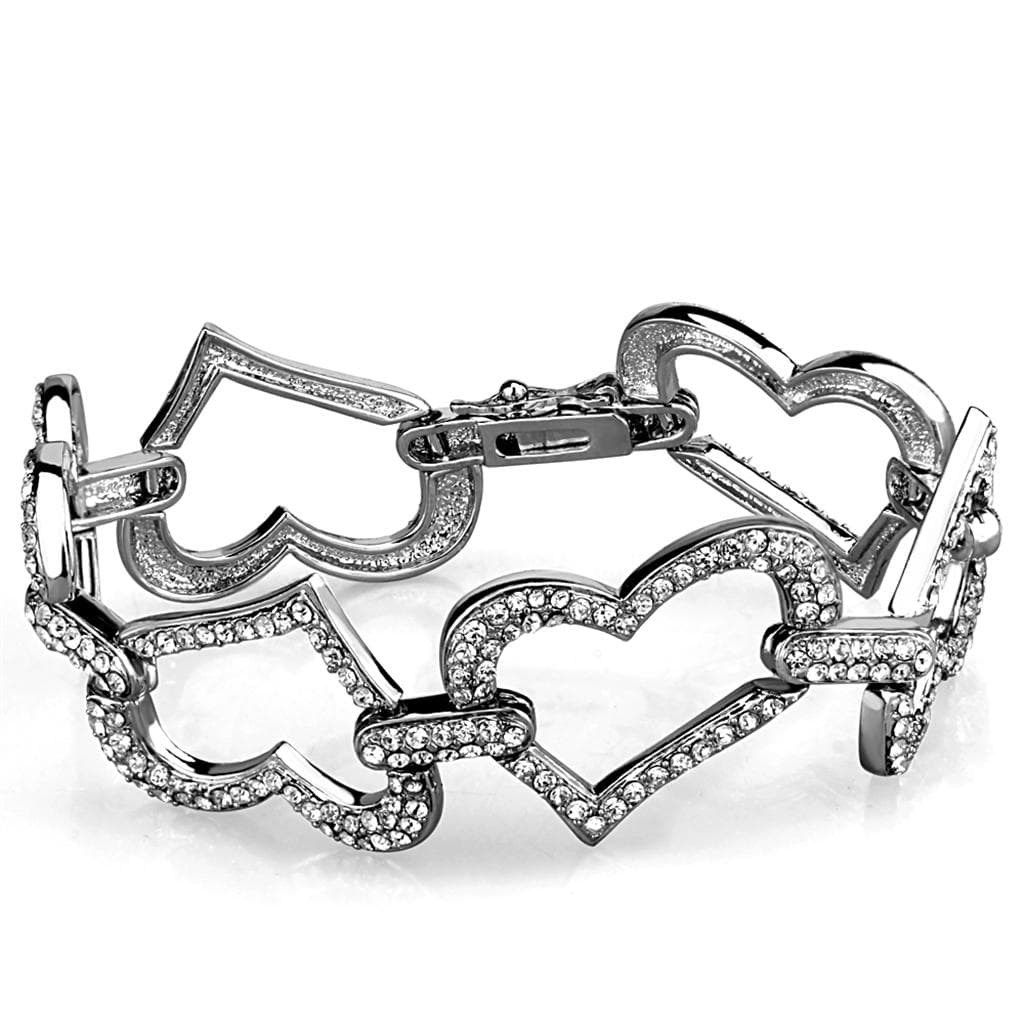 Brass Silver CZ Pave Open Heart Link Stretch Bracelet