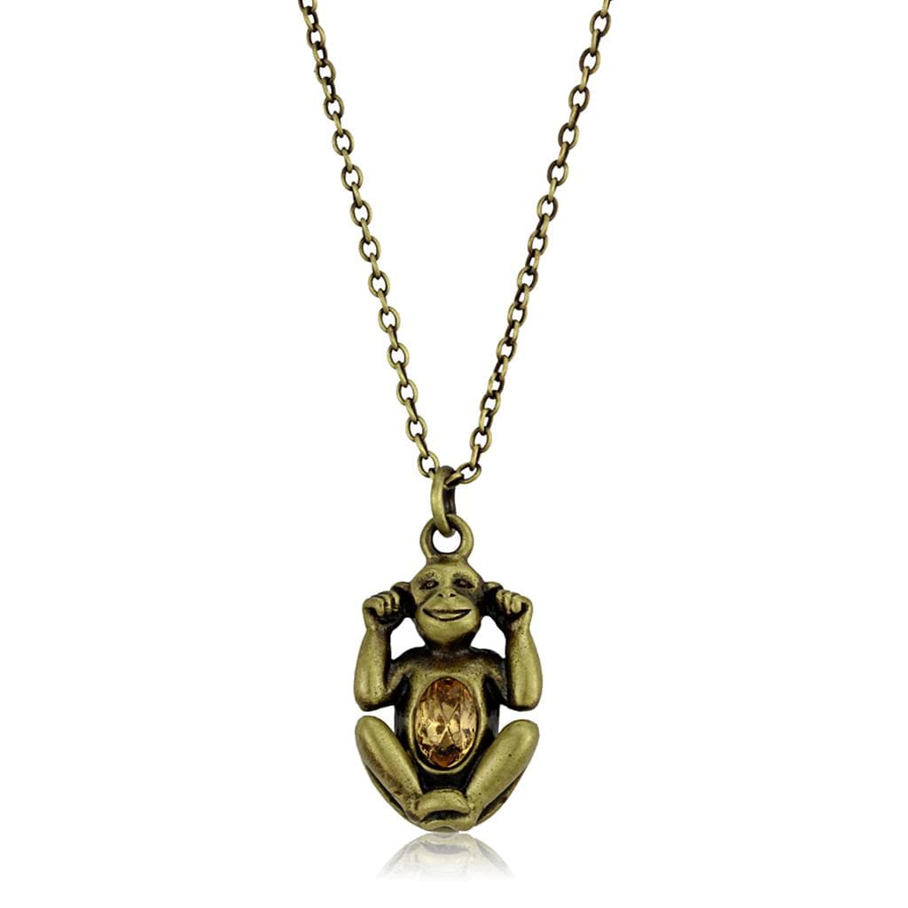 Brass Antique Gold Crystal Monkey Charm Pendant Necklace