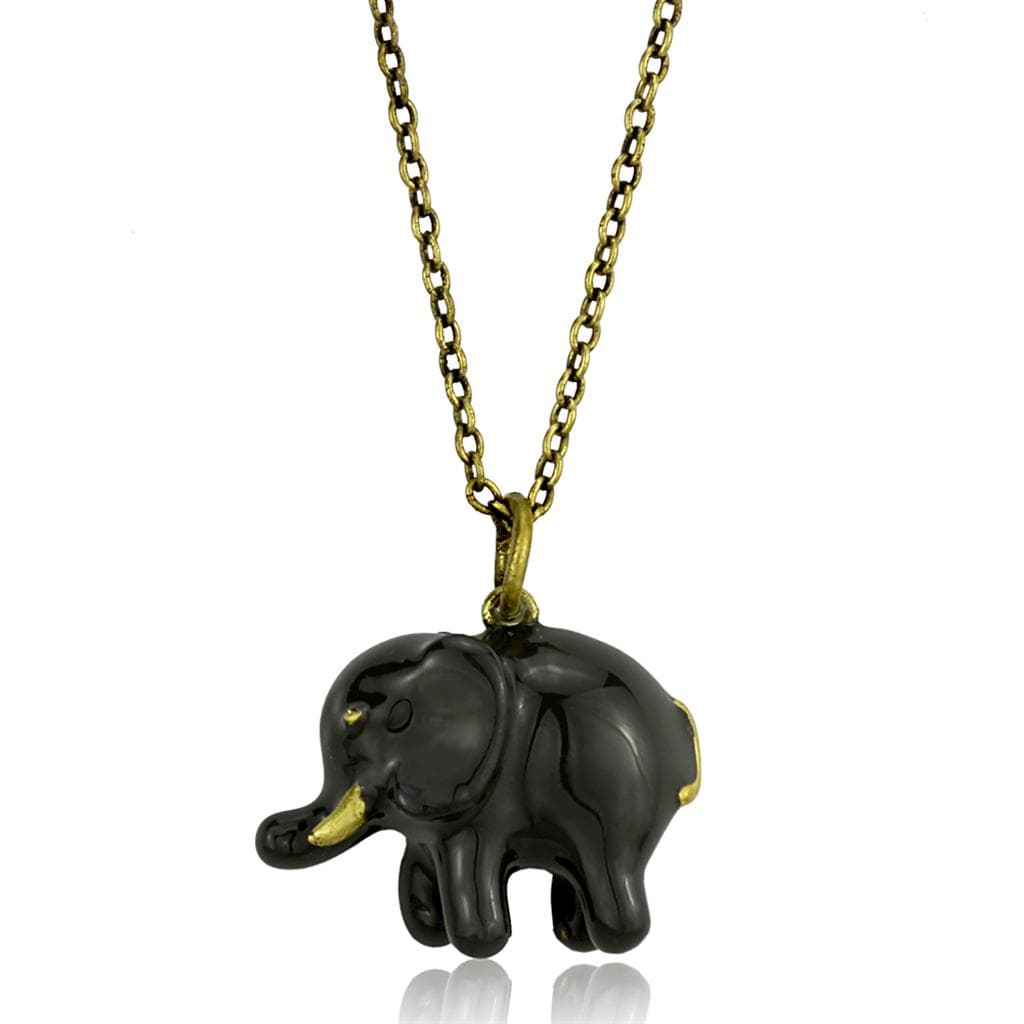 Brass Antique Gold Black Enamel Elephant Pendant Necklace