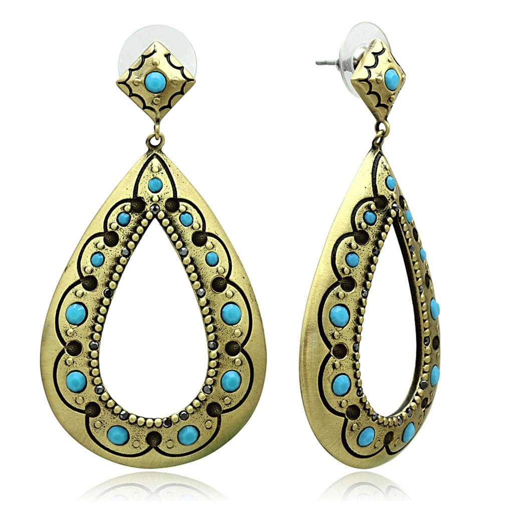 Brass Antique Gold Turquoise Teardrop Filigree Dangle Earrings