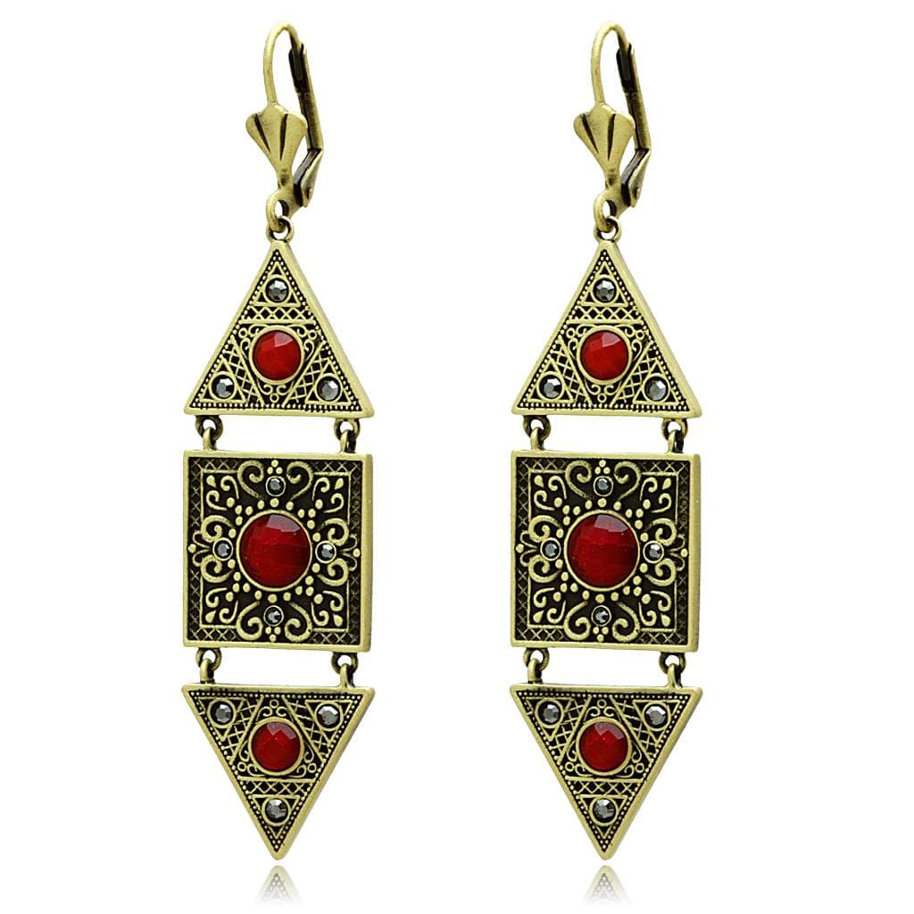 Brass Antique Gold Red Turquoise Filigree Geometric Earrings