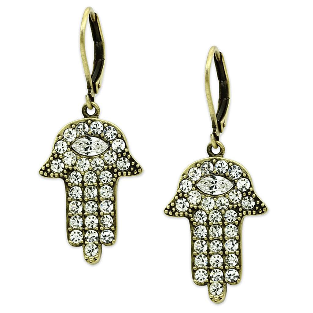 Brass Antique Gold CZ Hamsa Hand Leverback Earrings