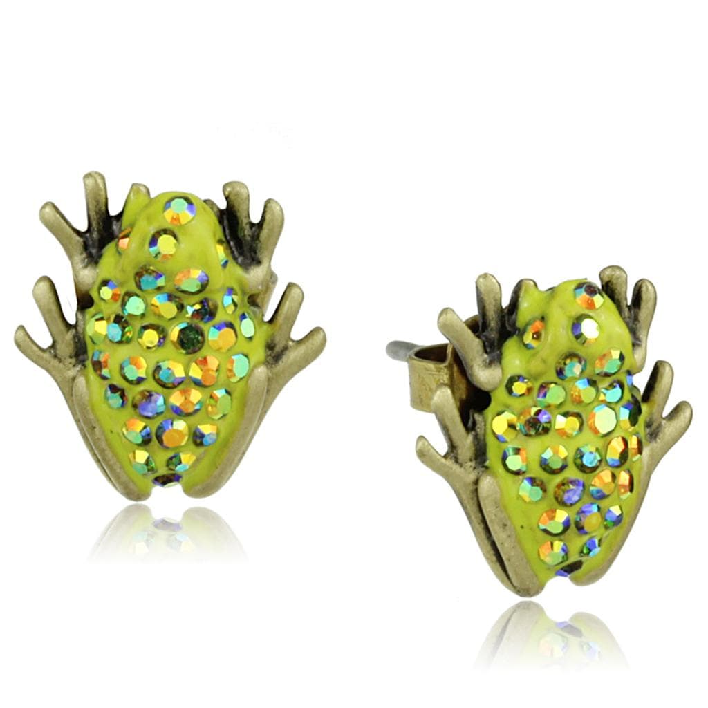 Brass Gold Green Crystal Frog Stud Earrings