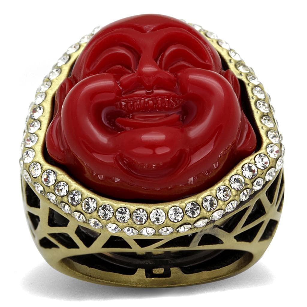 Brass Gold Red Resin Buddha CZ Filigree Dome Cocktail Ring