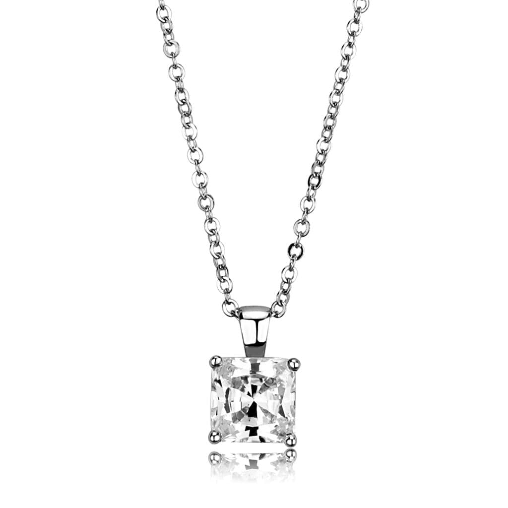 Brass Silver CZ Princess Cut Four Prong Solitaire Necklace