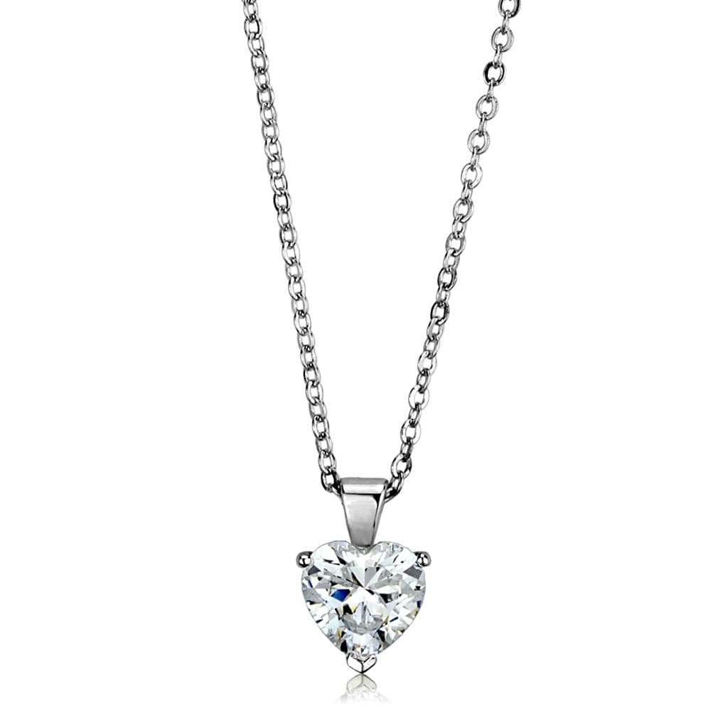 Brass Silver CZ Heart Charm Solitaire Pendant Necklace