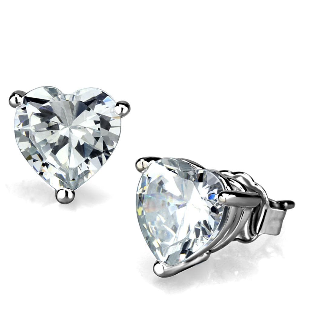Brass Silver CZ Heart Solitaire Stud Earrings