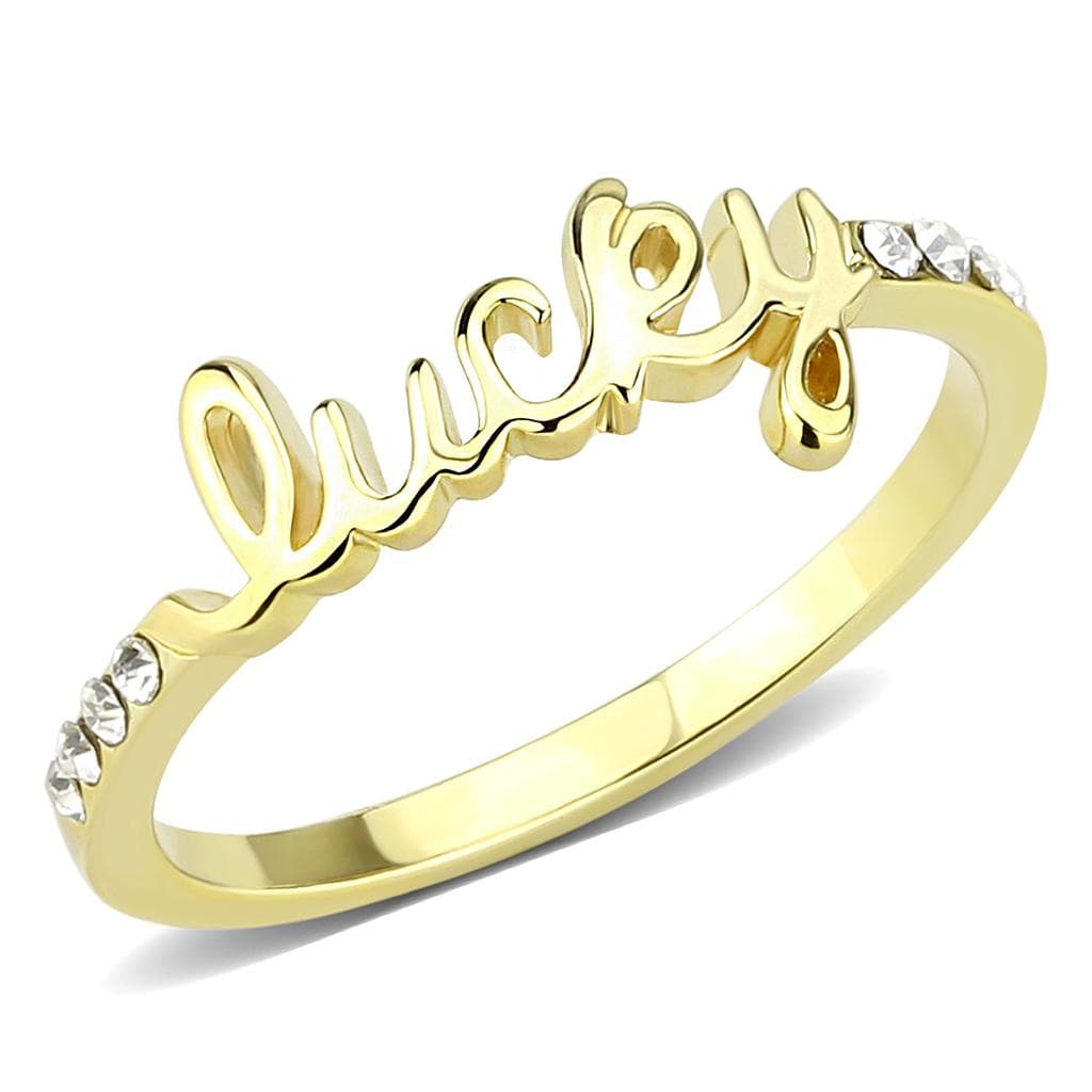 Brass Gold CZ Script Lucky Word Ring | The Stainless Jewelry