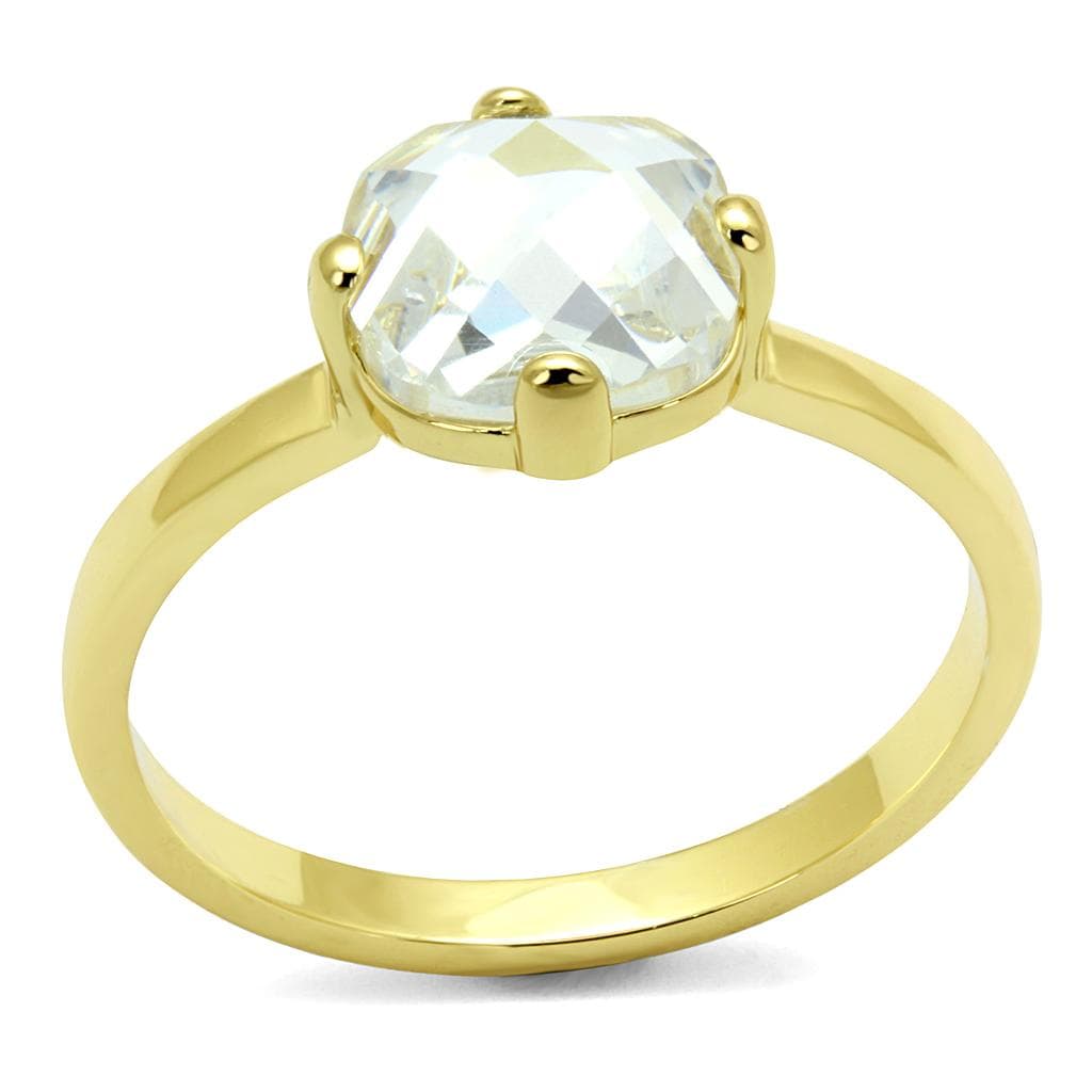 Brass Gold Clear Round Faceted Solitaire Ring