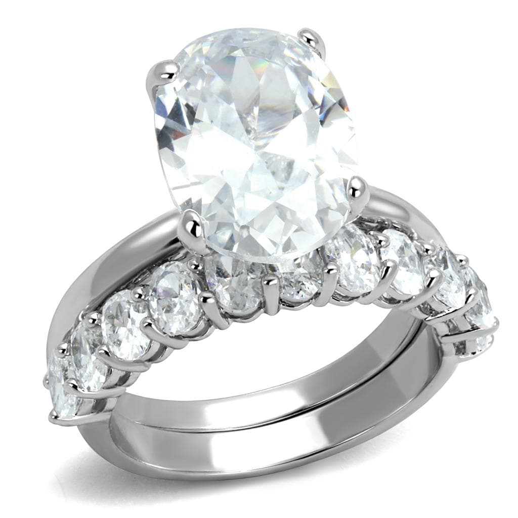 Brass Silver CZ Oval Solitaire Halo Wide Band Ring
