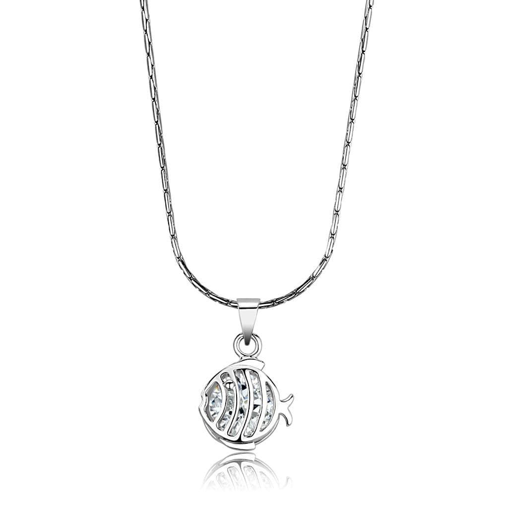 Brass Silver Crystal Fish Charm Pendant Necklace