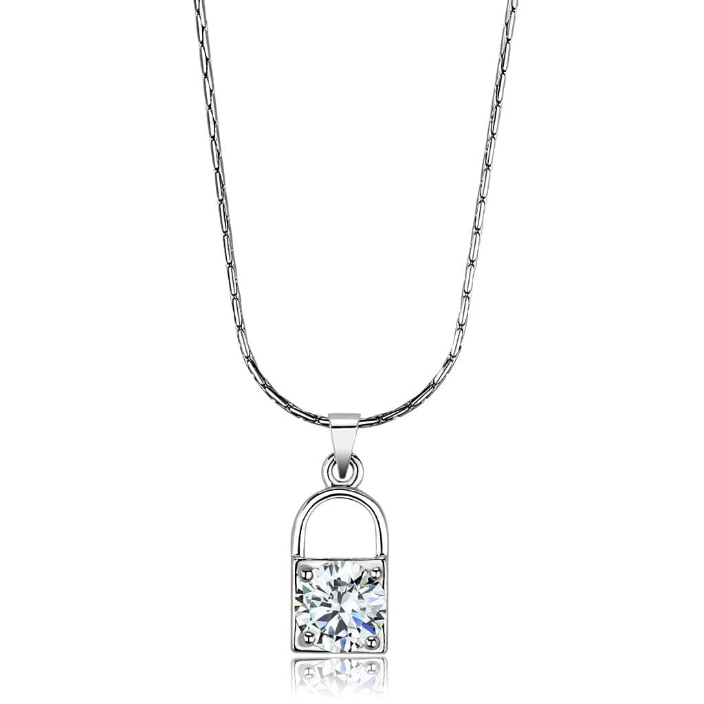 Brass Silver CZ Padlock Charm Pendant Necklace