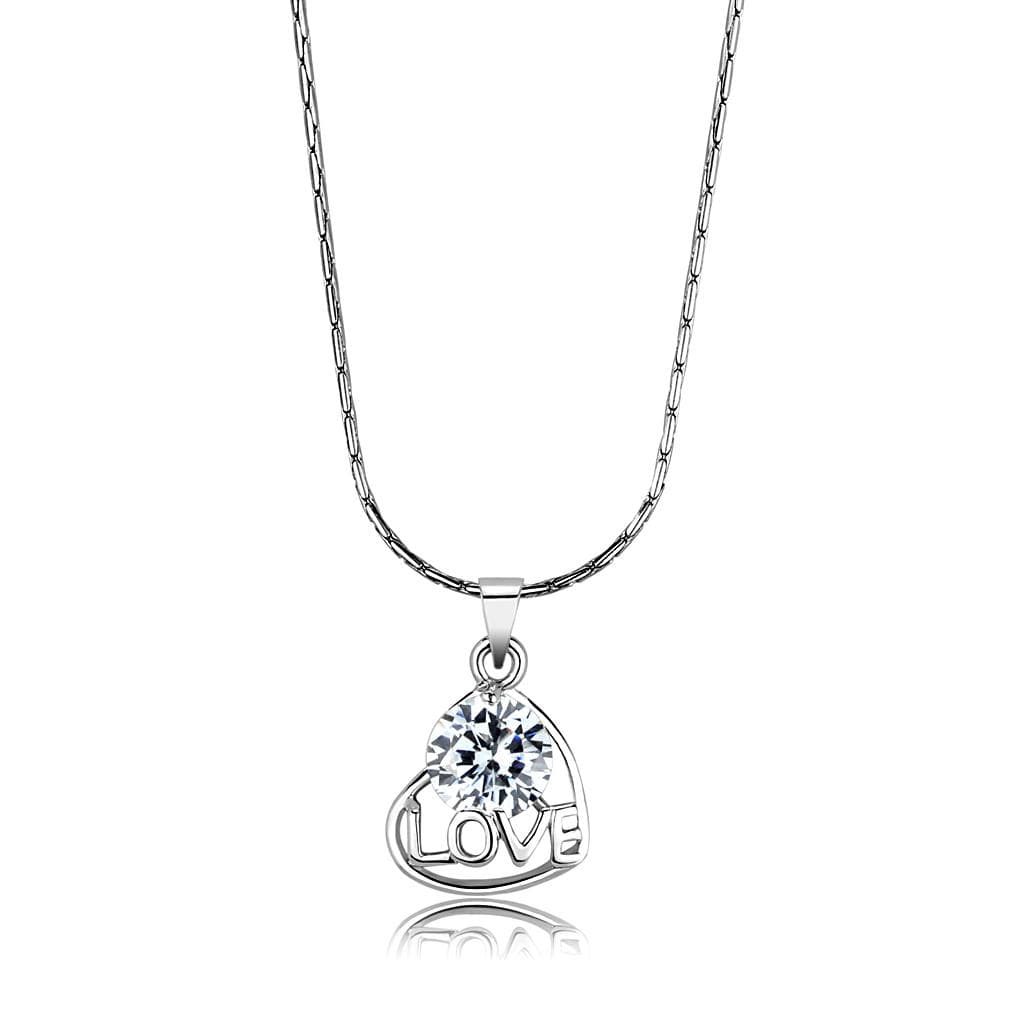 Brass Silver CZ Love Script Heart Pendant Necklace