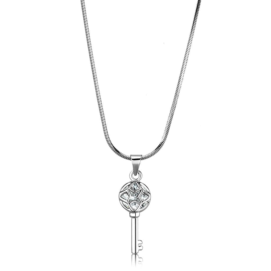 Brass Silver CZ Key Charm Pendant Necklace