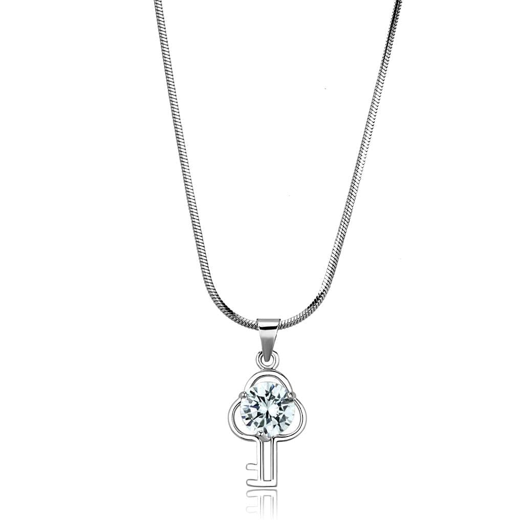 Brass Silver CZ Crown Key Pendant Necklace