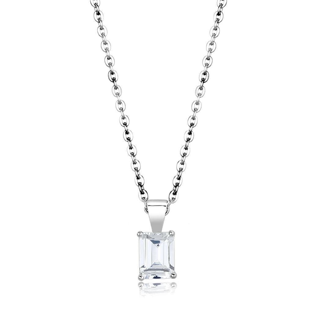 Brass Silver CZ Emerald Cut Solitaire Pendant Necklace