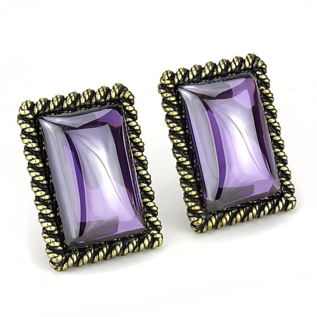 Brass Antique Gold Amethyst Rectangle Rope Stud Earrings