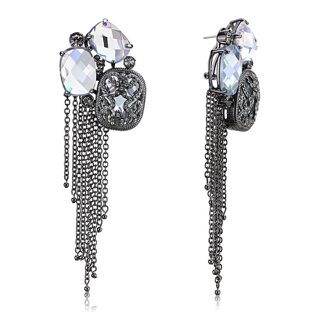 Brass Antique Silver Crystal Chain Tassel Clip Earrings