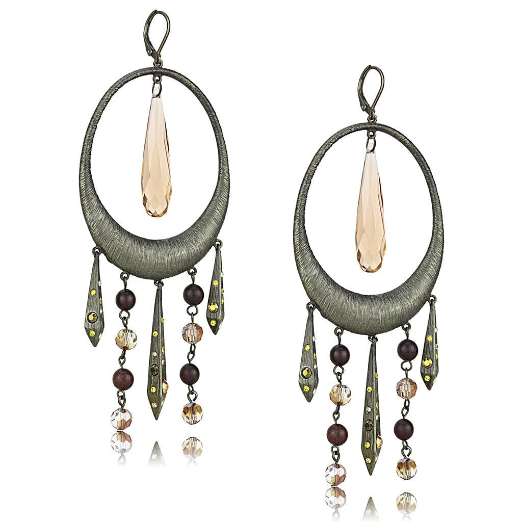 Brass Antique Gold Peach Crystal Hoop Chandelier Drop Earrings
