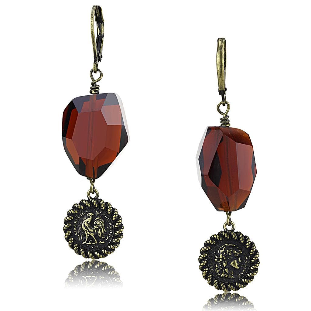 Brass Antique Gold Red Garnet Faceted Drop Earrings