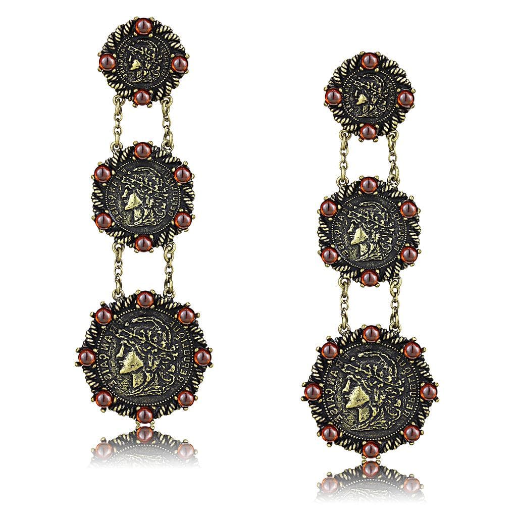 Brass Antique Gold Coin Medallion Triple Drop Earrings