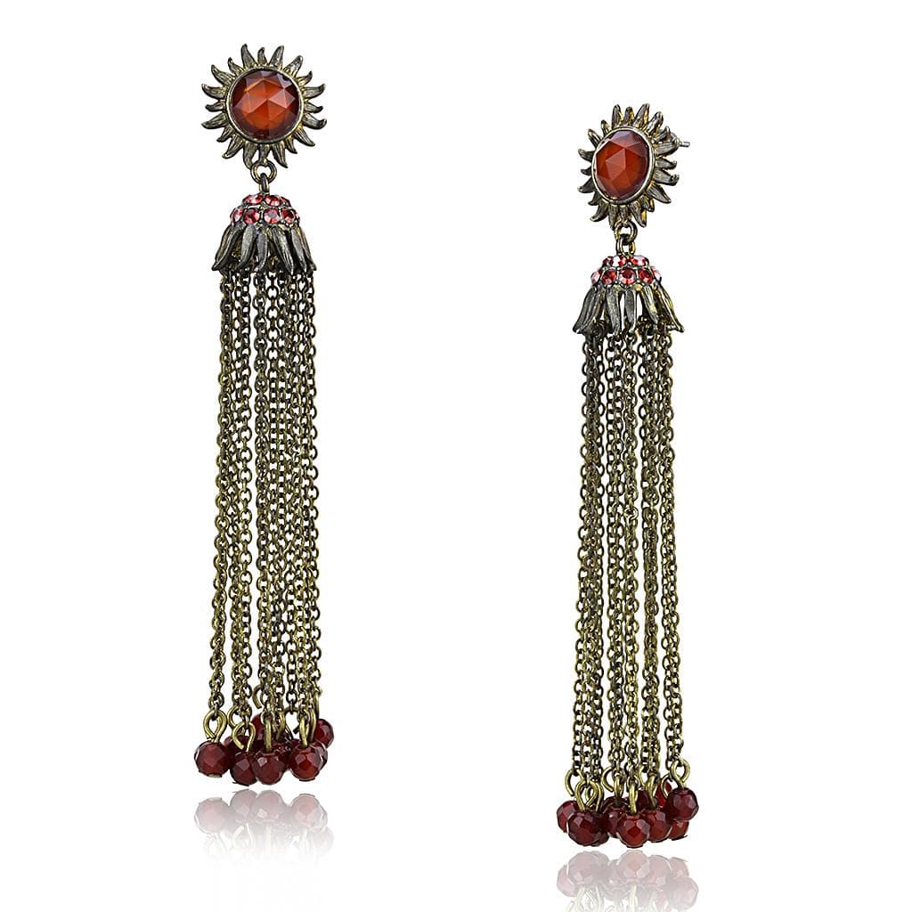Brass Antique Gold Sunburst Chain Tassel Drop Earrings