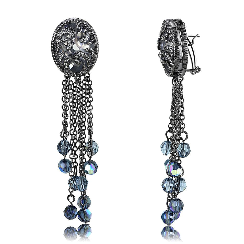 Brass Antique Silver Blue Crystal Chain Tassel Clip Earrings