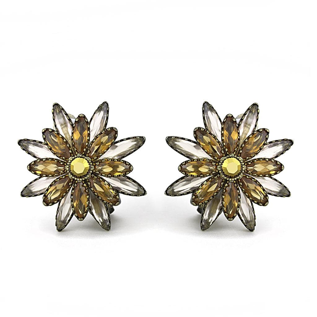 Brass Antique Gold Topaz Crystal Flower Stud Earrings