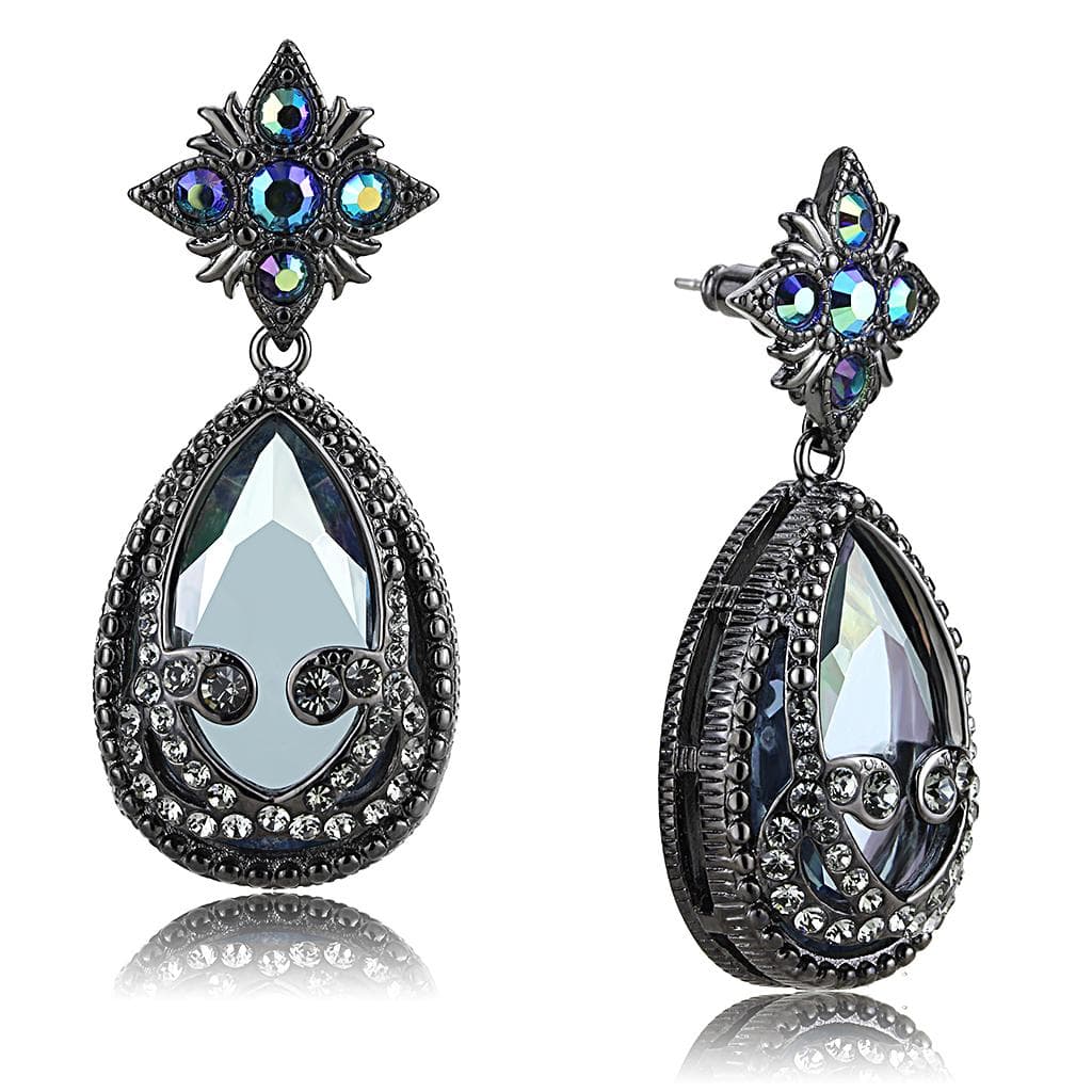 Brass Antique Silver Crystal Teardrop Scroll Drop Earrings