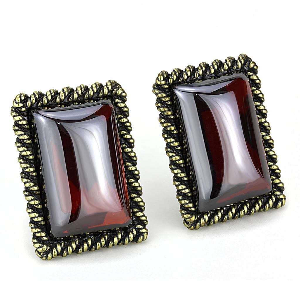 Brass Antique Gold Garnet Rectangle Rope Stud Earrings