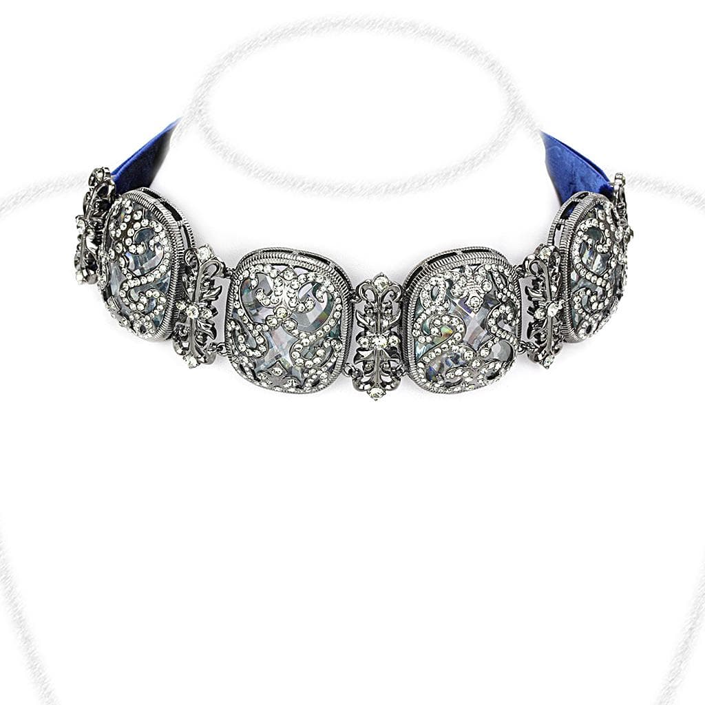 Brass Antique Silver Crystal Medallion Link Choker Necklace