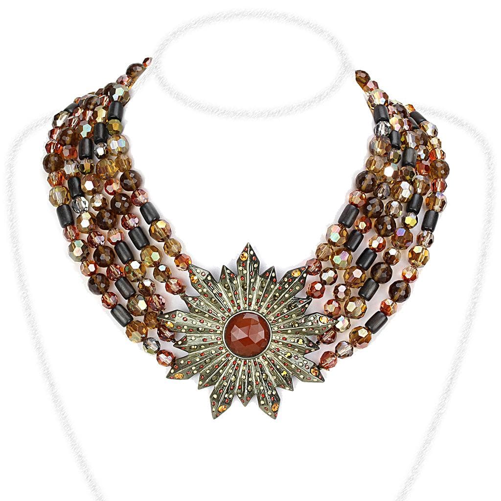 Brass Antique Gold Multi Crystal Bead Sunburst Collar Necklace