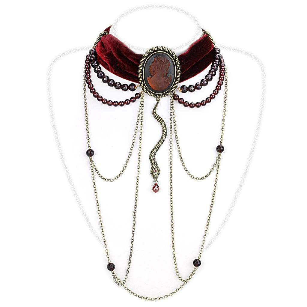 Brass Antique Gold Brown Cameo Velvet Ribbon Layered Necklace