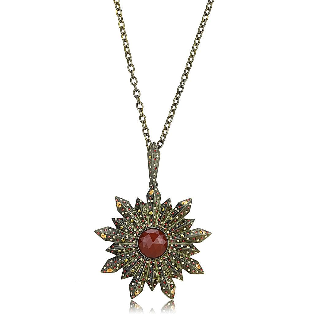 Brass Antique Gold Garnet Sunburst Pendant Necklace