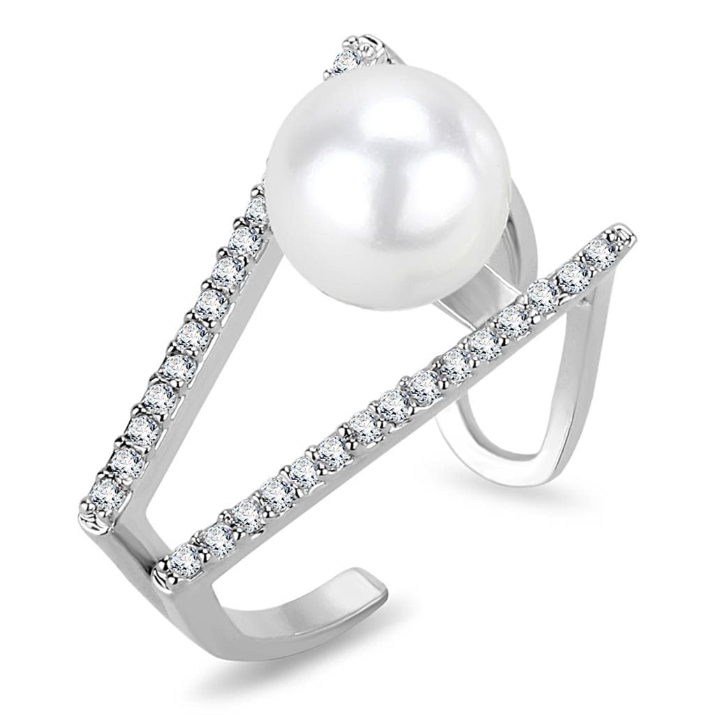 Brass Silver CZ Pearl V-Shape Open Ring | The Stainless Jewelry