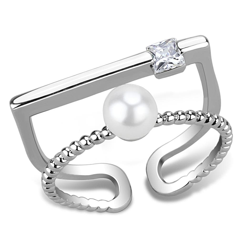 Brass Silver CZ Pearl Beaded Double Band Open Ring