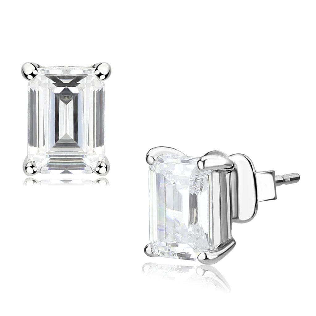 Brass Silver CZ Emerald Cut Stud Earrings LO4633