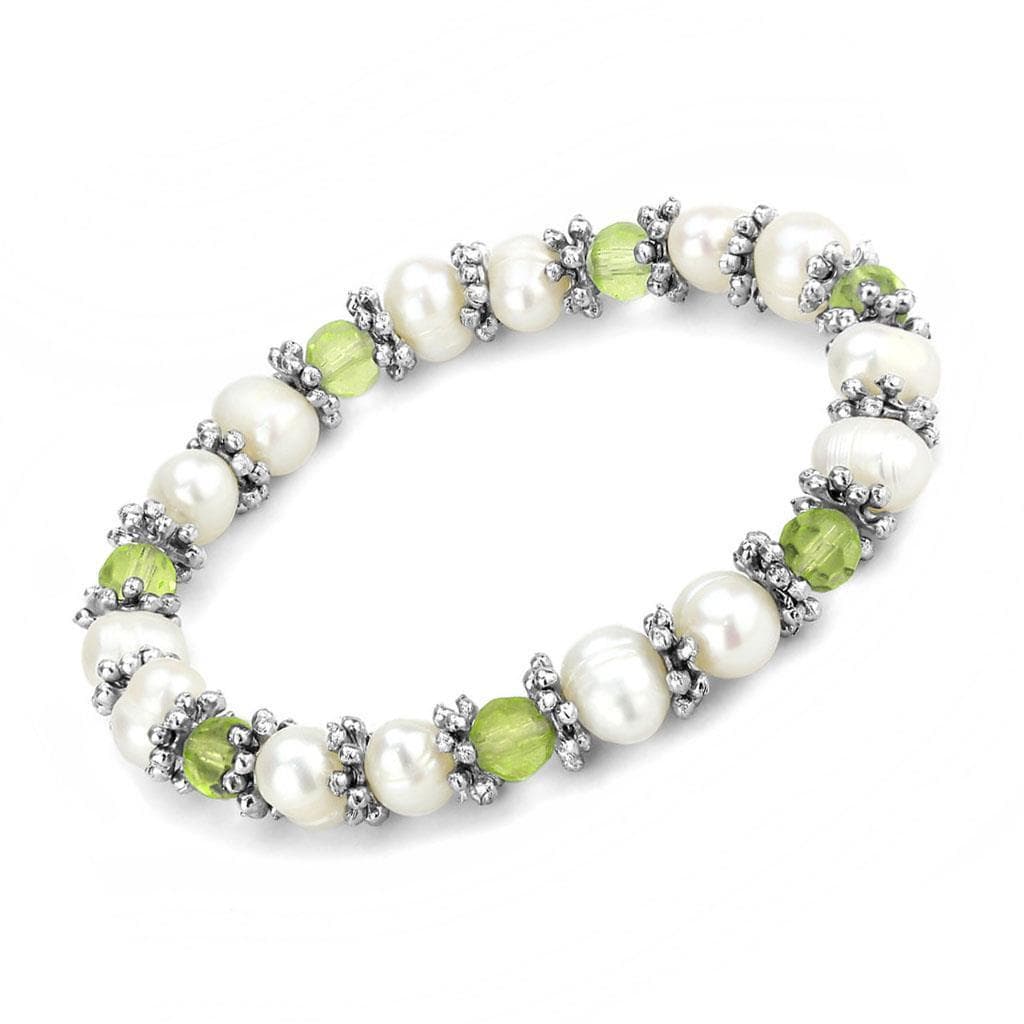 Brass Silver Pearl Green Peridot Bead Stretch Bracelet