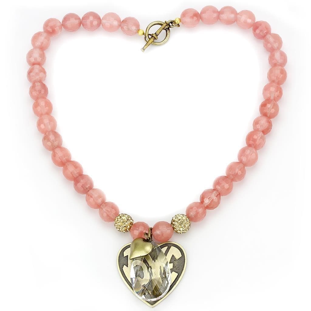 Brass Gold Rose Quartz Bead Love Heart Pendant Necklace