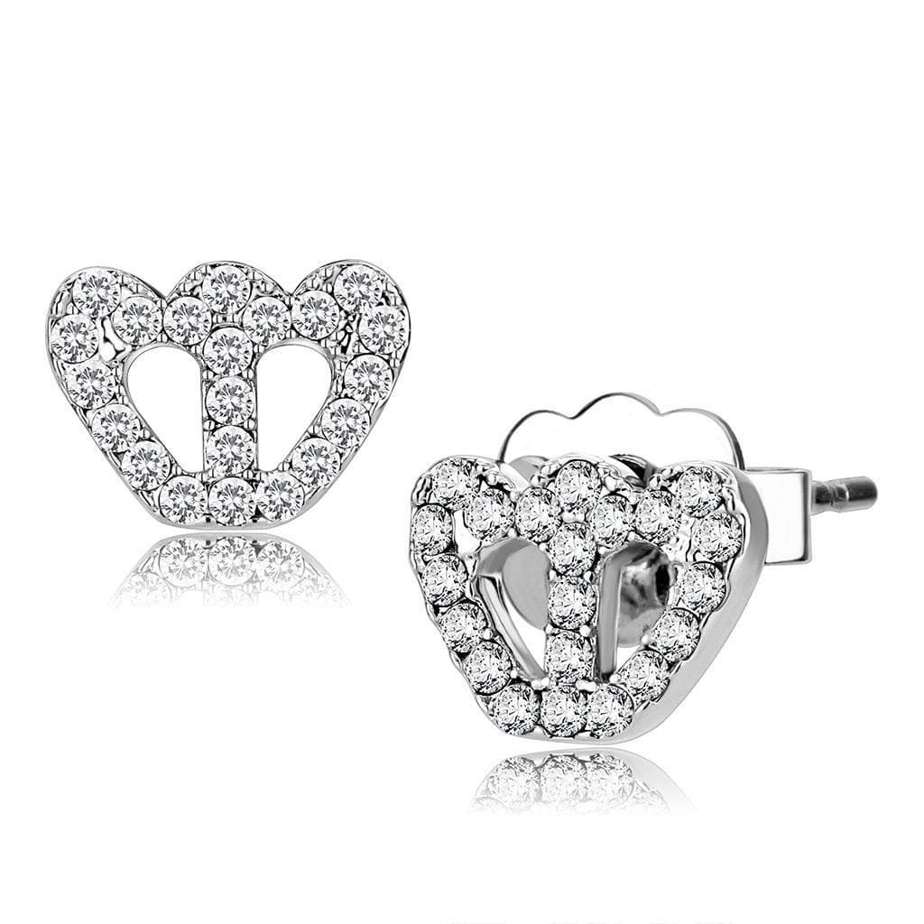 Brass Silver CZ Heart Stud Earrings LO4673