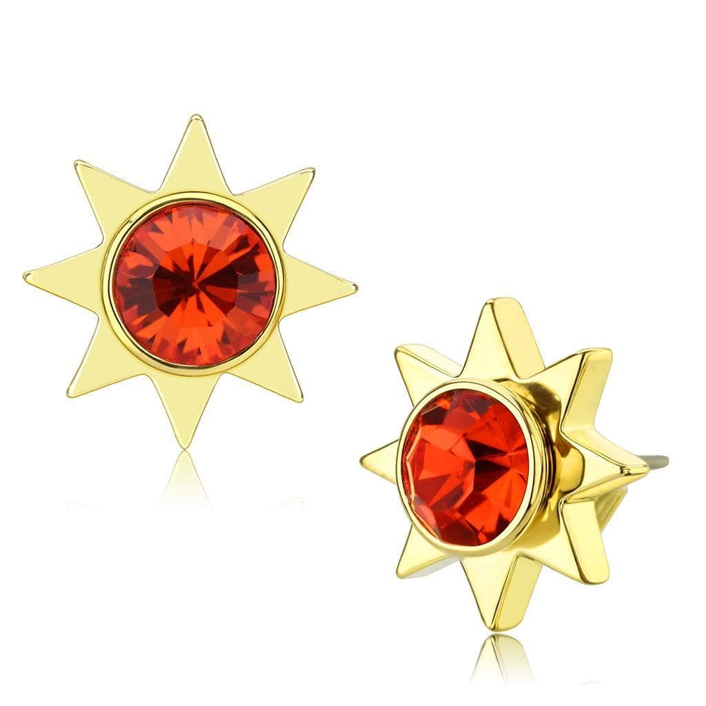 Brass Gold Red Crystal Starburst Stud Earrings