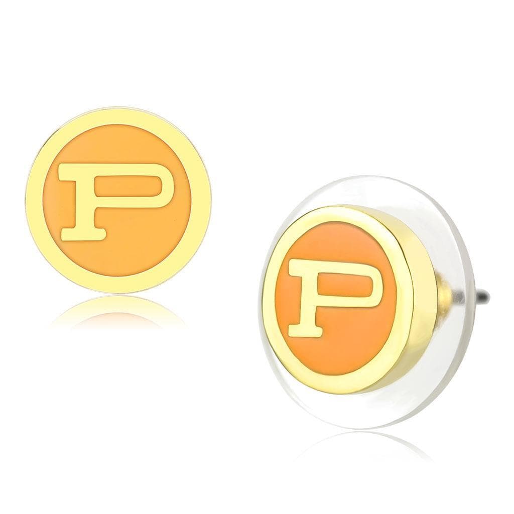Brass Gold Letter P Enamel Round Stud Earrings