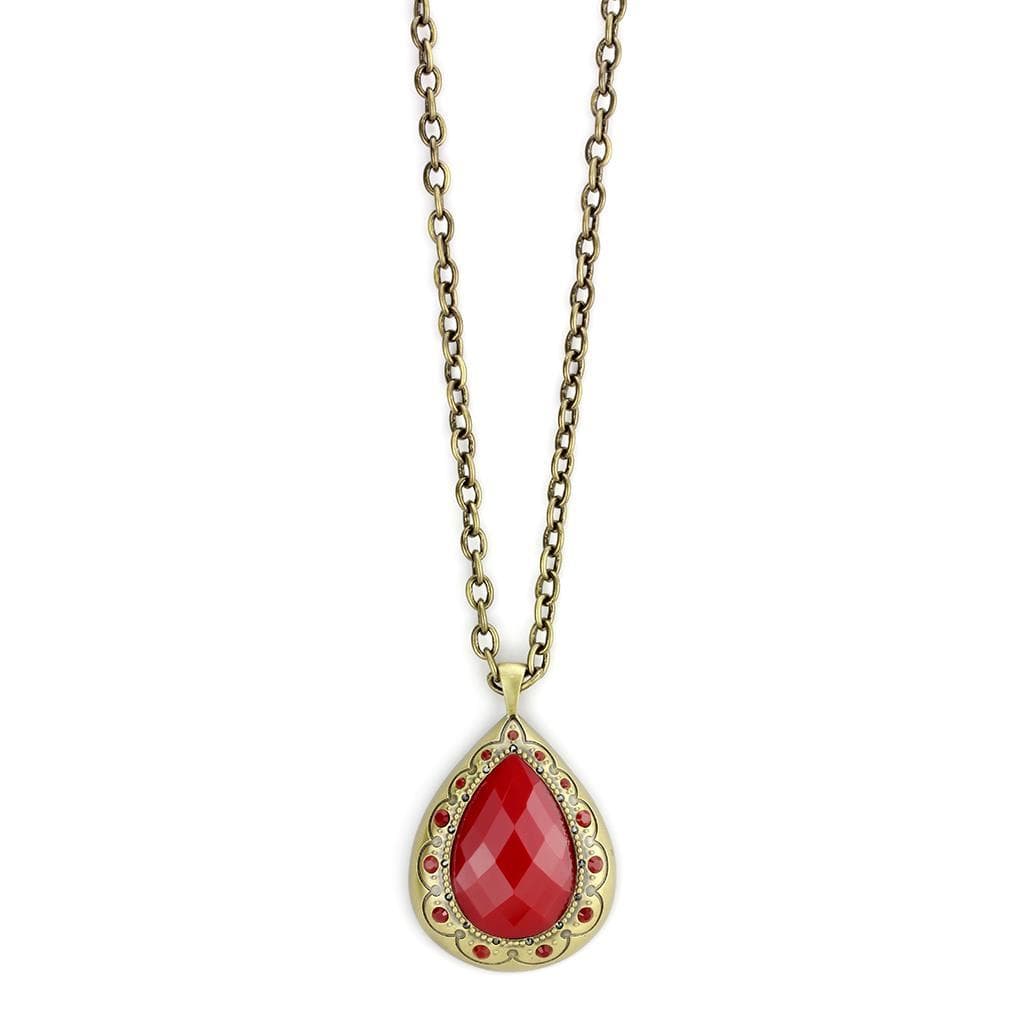Brass Antique Gold Red Crystal Teardrop Pendant Necklace
