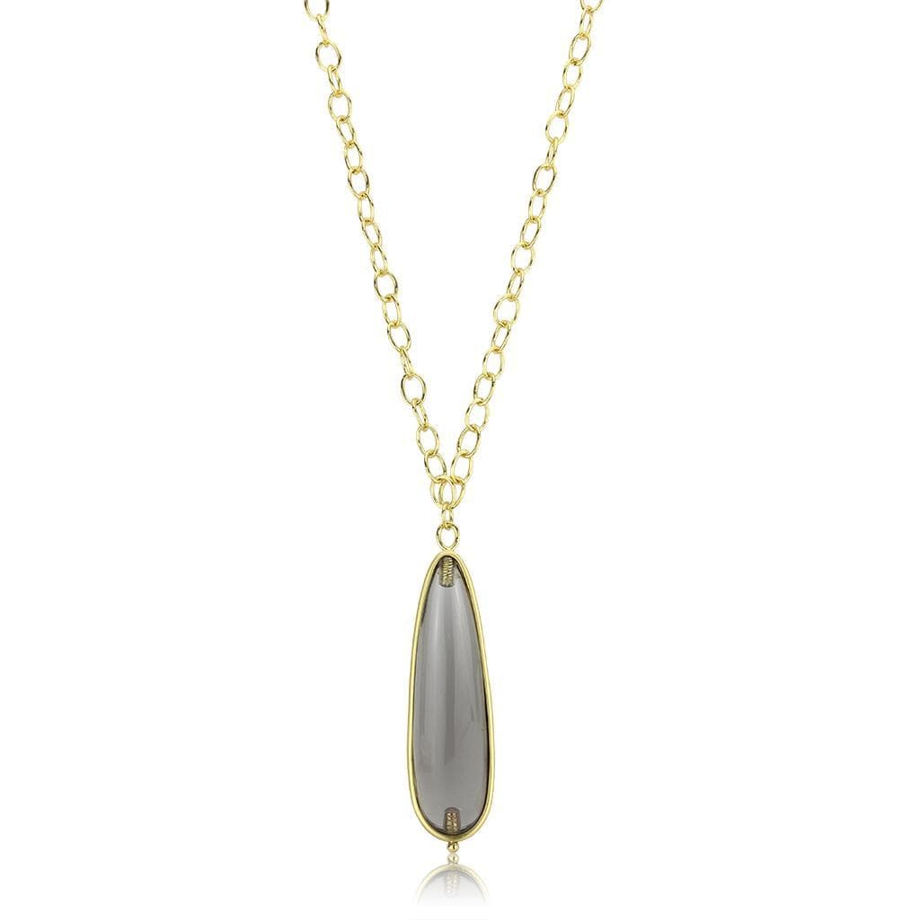 Brass Gold Gray Agate Elongated Teardrop Pendant Necklace