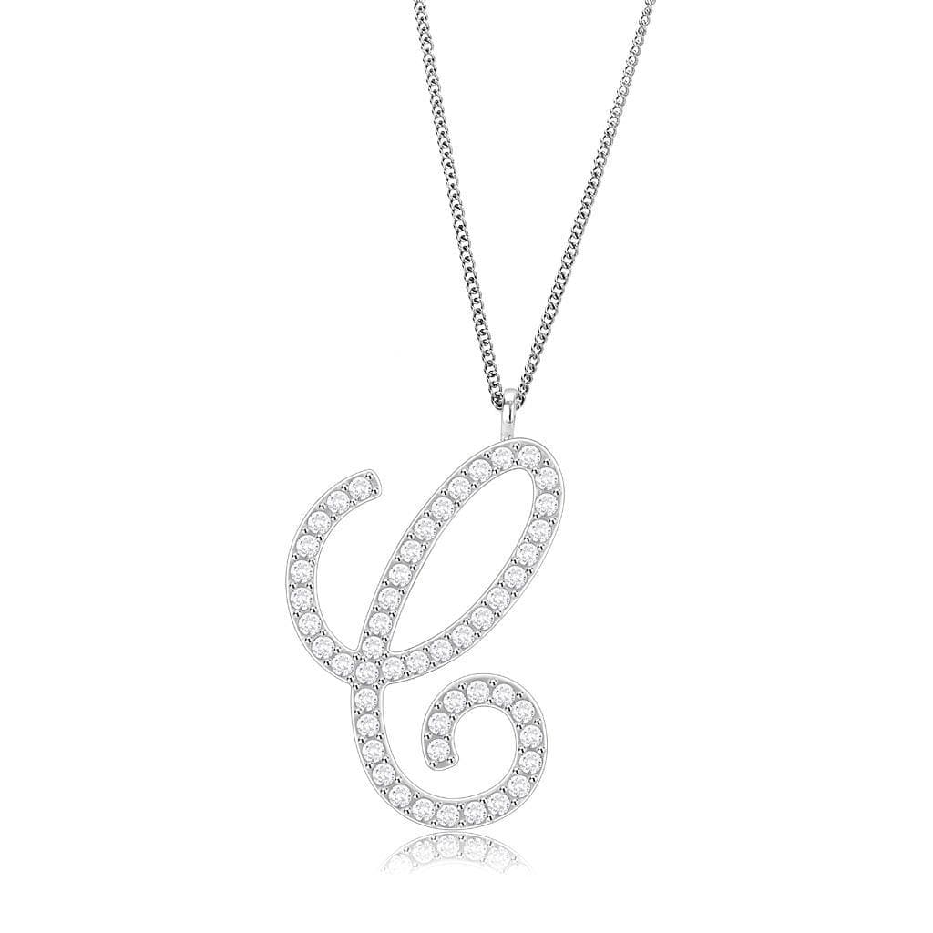 Brass Silver CZ Script Letter C Pendant Necklace