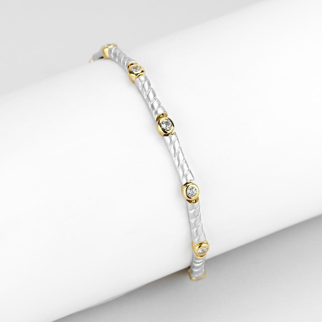 Brass Two Tone Silver Gold CZ Bezel Hammered Bracelet