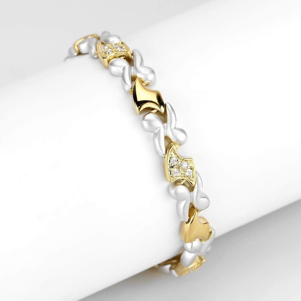 Brass Two Tone Silver Gold CZ Heart Link Bracelet