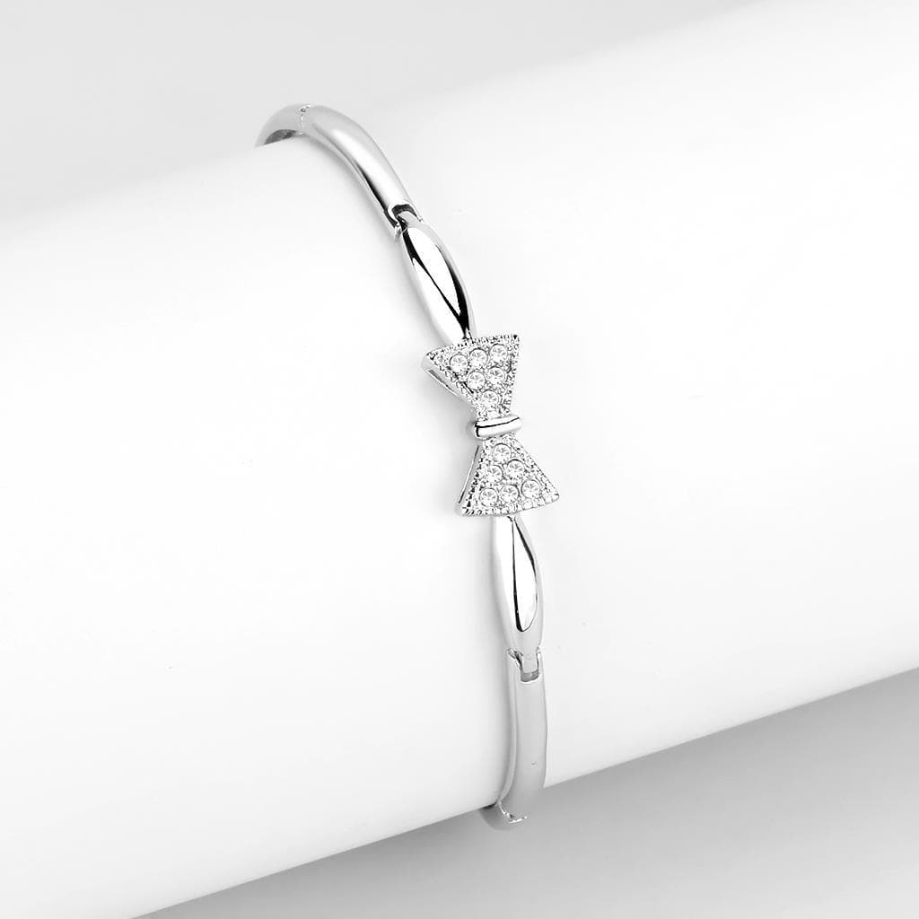 Brass Silver CZ Bow Hinged Bangle Bracelet