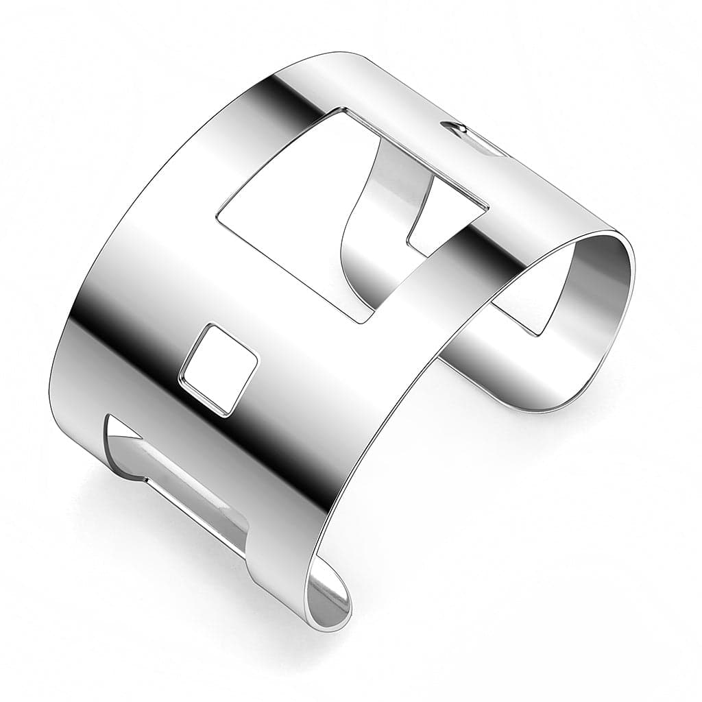 Stainless Steel Silver Rectangle Cutout Wide Cuff Bangle Bracelet