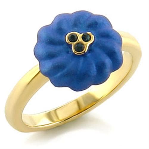 Brass Gold Blue Ceramic Poppy CZ Flower Ring